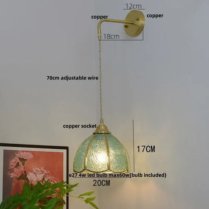 Vintage glass brass led wall sconce with textured green glass shade and adjustable 70cm wire for bedroom decorbites wall sconce