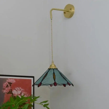 Vintage glass brass led wall sconce with teal stained glass pendant and gold-toned decorbites glass brass accents