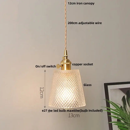 A 12cm tall vintage glass copper led pendant lamp with textured glass, brass canopy, and copper socket for kitchen lighting