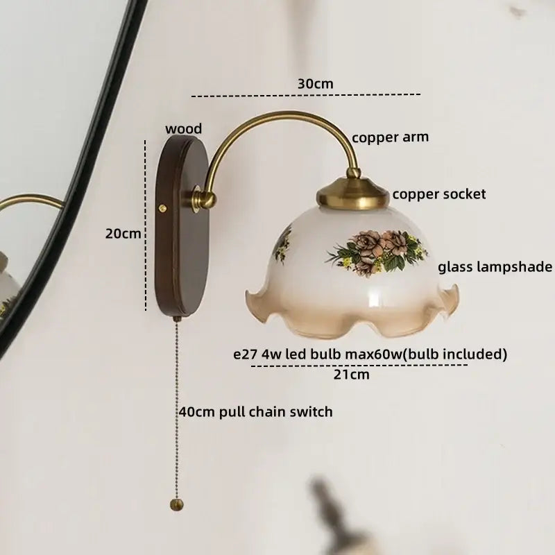 Antique-style vintage glass copper led wall light with copper arm and floral glass lampshade on wood backplate