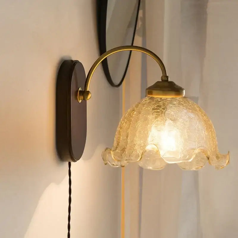 Antique brass wall lights with textured translucent glass copper led shade and wood backplate for bedroom use