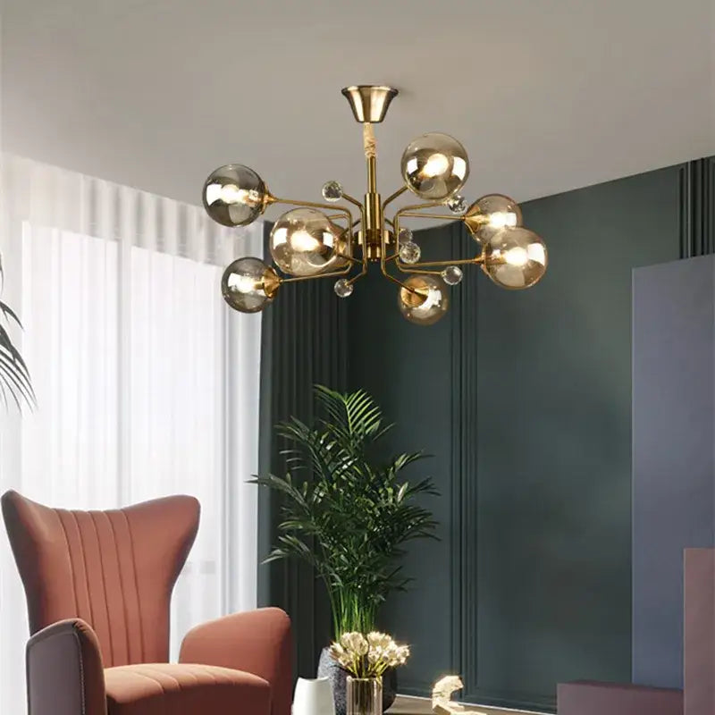 Vintage gold glass bubble chandelier with amber glass globes and crystal accents for elegant living room decorbites decor