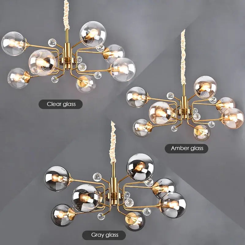 Vintage gold amber glass bubble chandelier with clear amber gray spheres hanging from twisted rope pendant
