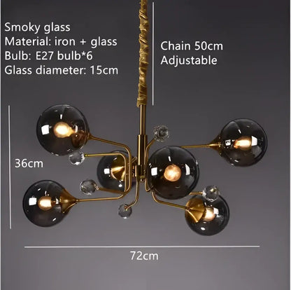 Vintage gold glass bubble chandelier with six smoked glass globes and crystal accents for elegant living room decorbites design