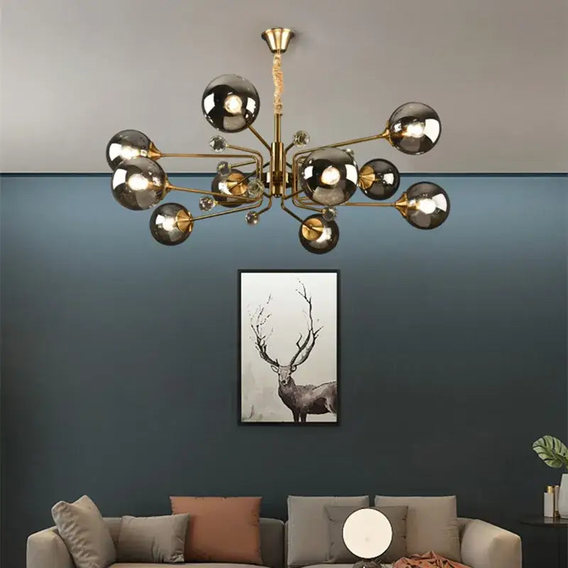 Modern brass vintage gold amber glass bubble chandelier with reflective chrome spheres and crystal accents for living room decorbites glass bubble chandelier