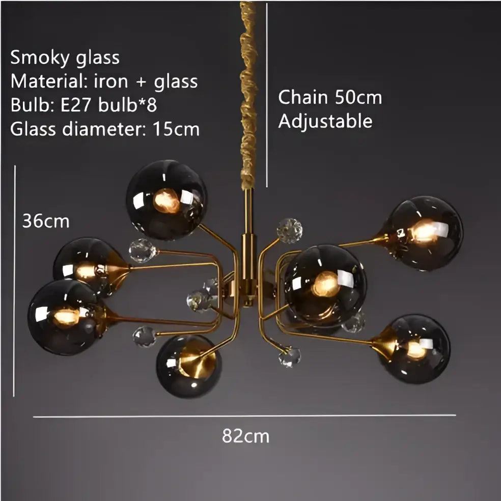 A vintage gold amber glass bubble chandelier with brass tone, smoky glass globes, and crystal accents for living room decorbites glass bubble