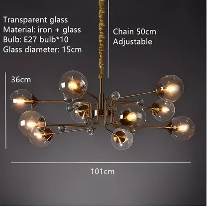 Vintage gold amber glass bubble chandelier with ten clear globe bulbs and adjustable 50cm brass-toned chain decorbites glass bubble