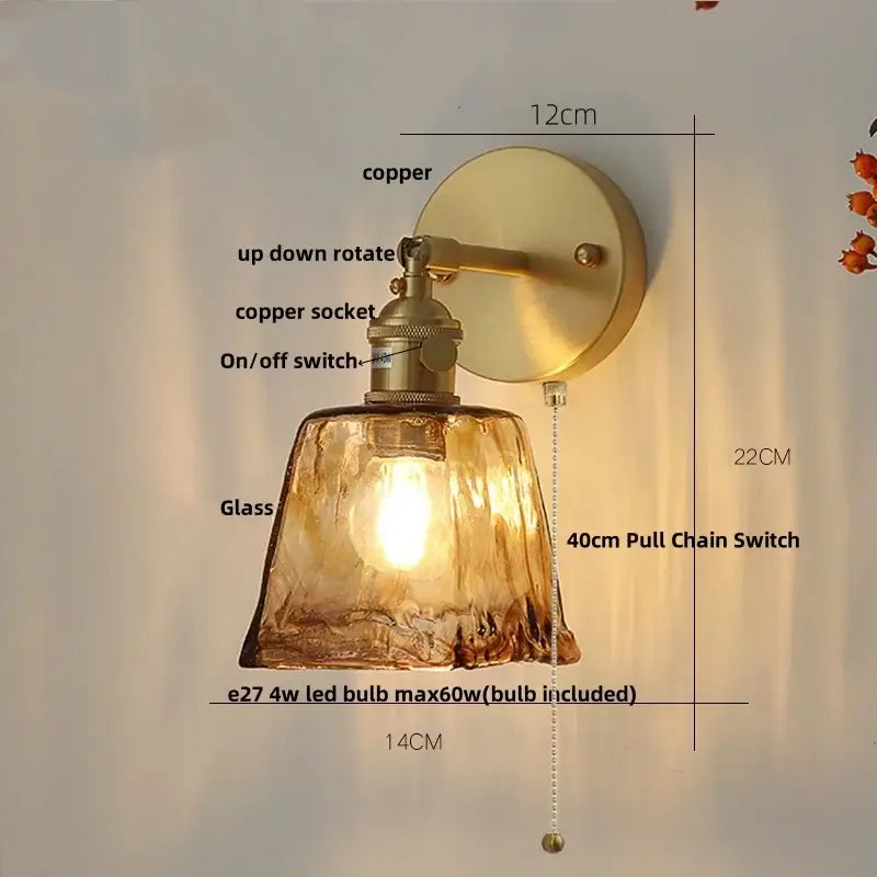 Copper-finished vintage gold and amber glass led wall light with textured shade and pull chain switch decorbites amber vintage