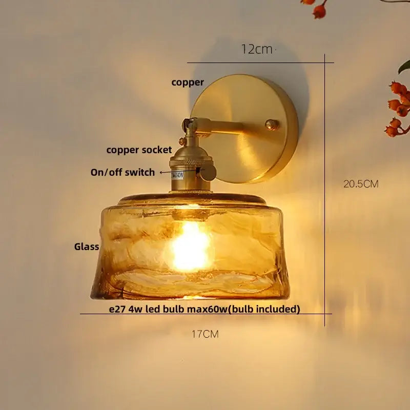 Copper-finished wall light with textured amber glass shade vintage gold and decorbites amber vintage led bedroom sconce