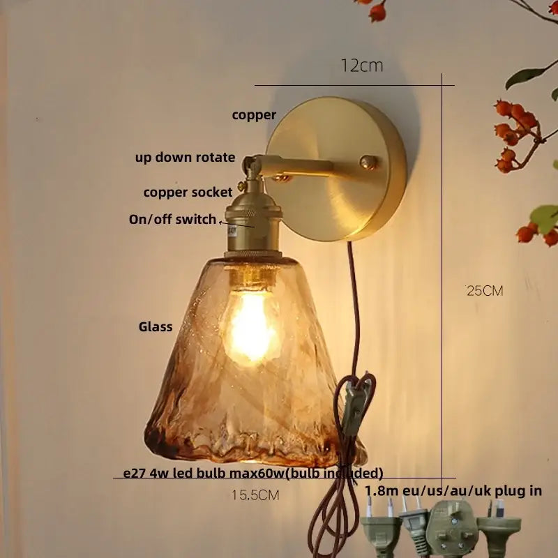 Copper-finished vintage gold wall light with textured amber glass shade and up-down rotating arm decorbites amber vintage led