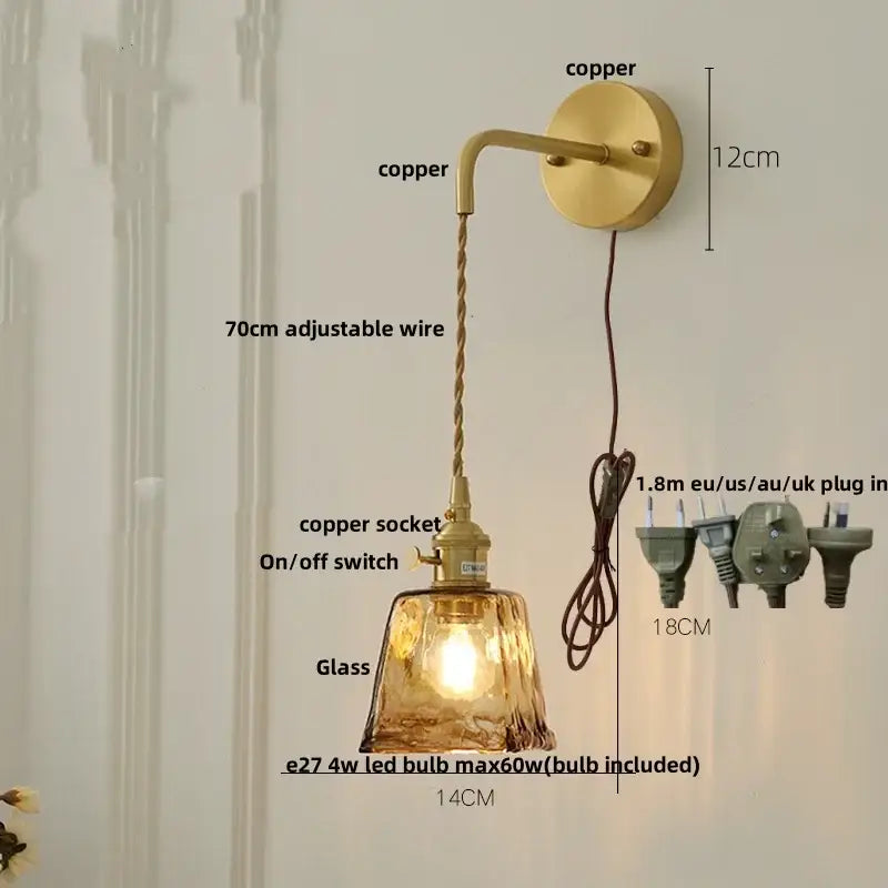 Vintage gold wall light featuring copper sconce with textured amber vintage led glass shade and adjustable 70cm wire