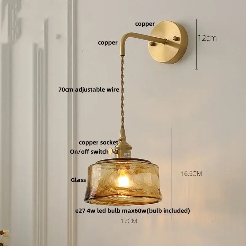 Vintage gold and amber glass led wall light with copper mount and twisted wire featuring decorbites amber vintage led bulb