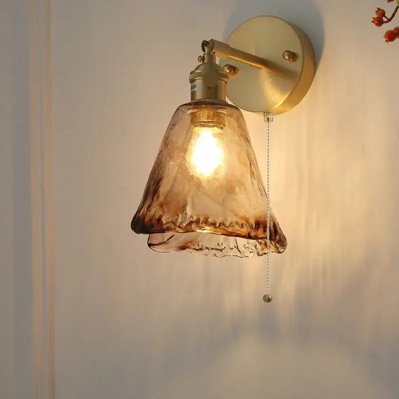 Vintage gold and amber glass led wall light with textured amber vintage decorbites amber vintage lampshade and pull chain