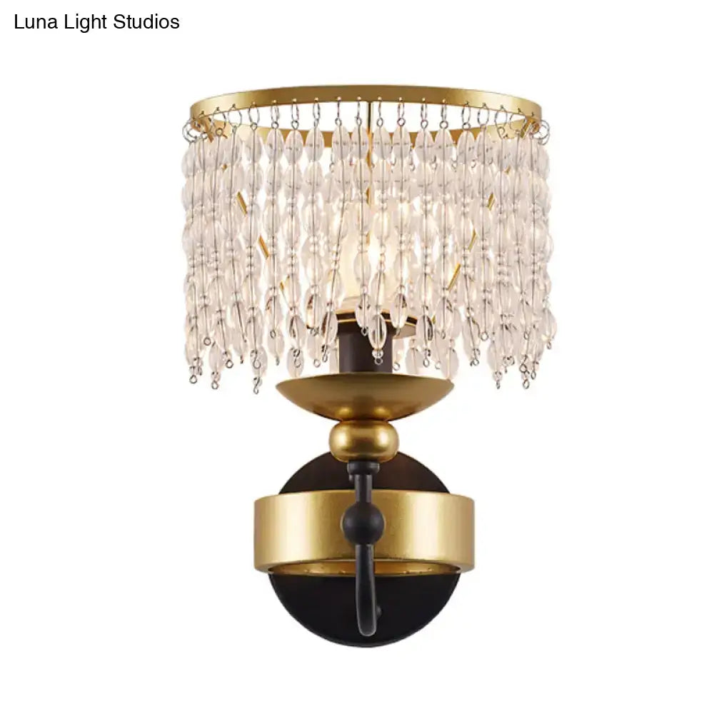 Elegant vintage gold and black crystal sconce wall light with retro fringe drape featuring cascading clear beads