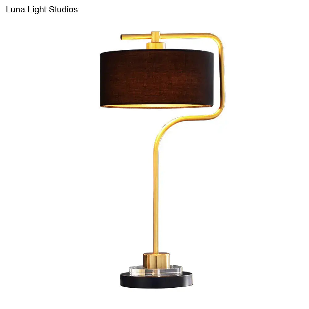 DecorBites™ vintage black table lamp with drum shade, gold-toned curved frame, clear glass bulb base for living room