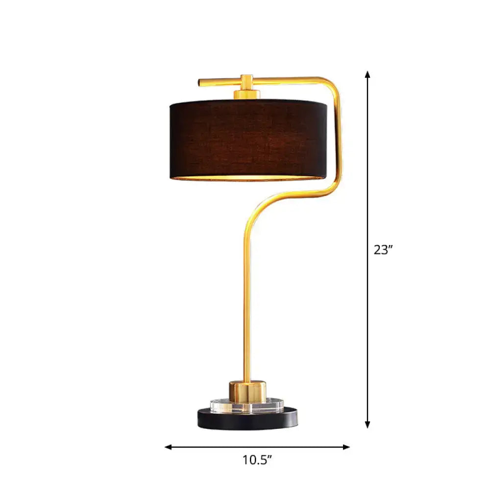 DecorBites vintage black table lamp with gold curved frame, dark brown drum shade, and black bulb base for living room