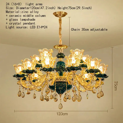 Vintage gold and dark blue crystal chandelier with gold zinc alloy frame dark green ceramic column and blue crystal pendants