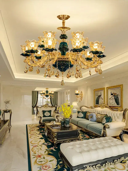 Vintage gold and dark blue crystal chandelier with ornate design and intricate crystal droplets for living room decorbites dark blue