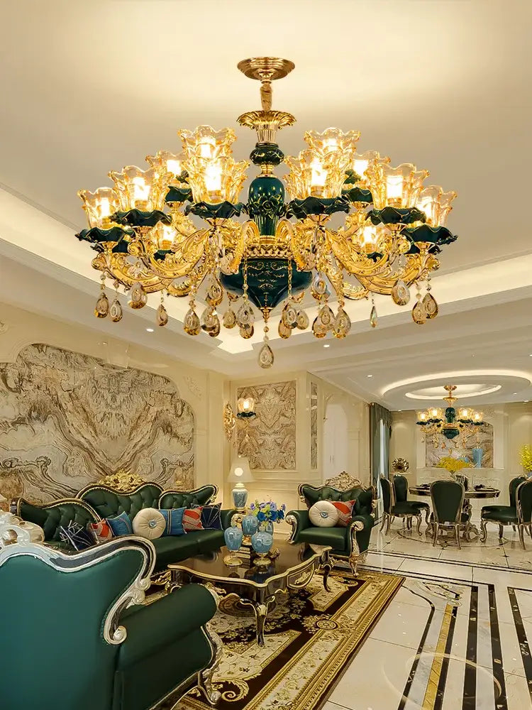 Vintage gold and emerald green chandelier with crystal droplets for living rooms featuring decorbites dark blue style