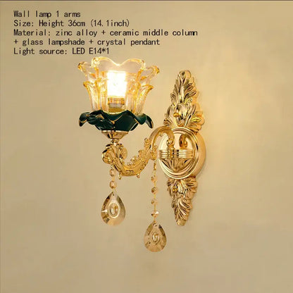 Vintage gold wall lamp with glass shade ceramic column and dark blue crystal pendants for decorbites dark blue chandelier