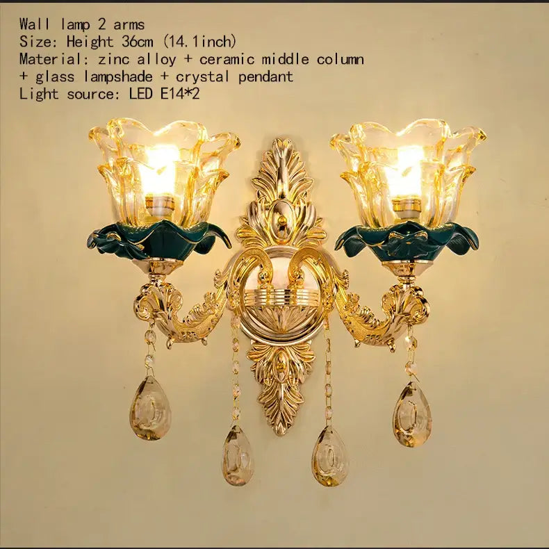 Vintage gold wall lamp with dark blue crystal teardrop pendants and floral glass shades for decorbites dark blue lighting