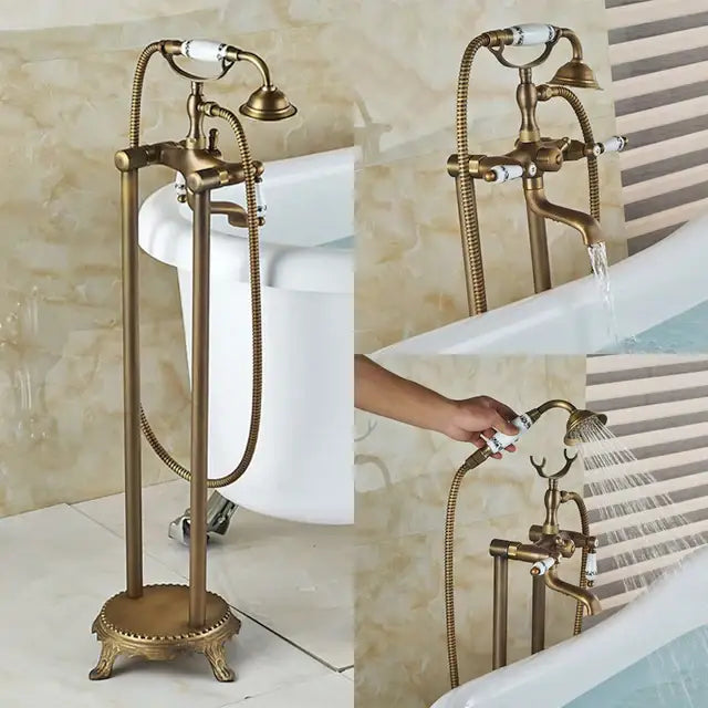 Antique brass vintage gold bath mixer tap with white ceramic handles and detachable handheld showerhead for bathroom use