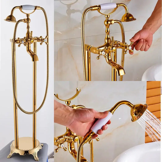 Vintage gold bath mixer tap with ceramic handles and handshower accents in a gold-finished mixer tap design