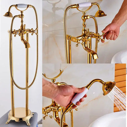 Vintage gold bath mixer tap with handshower featuring a gold-finished tall stand and white ceramic handles