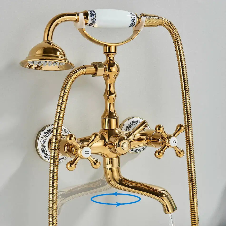 Vintage gold and black bathtub faucet with ceramic blue floral handles from decorbites golden black collection