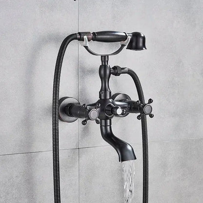 Black matte finished vintage style bathtub faucet with two cross handles and detachable handheld showerhead decorbites golden black