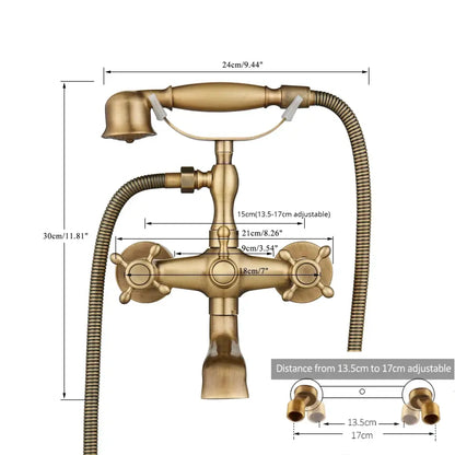 Antique brass-finished vintage gold and black bathtub faucet with ornate cross handles and detachable handheld showerhead by decorbites