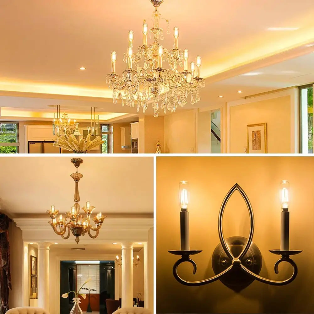 Vintage gold-toned crystal chandelier with multiple arms featuring tubular led bulbs for elegant dining room lighting