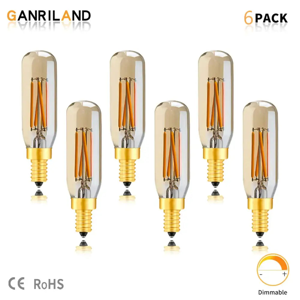 Set of six vintage gold candelabra tubular led bulbs with clear glass and 4w edison filament for dining room use