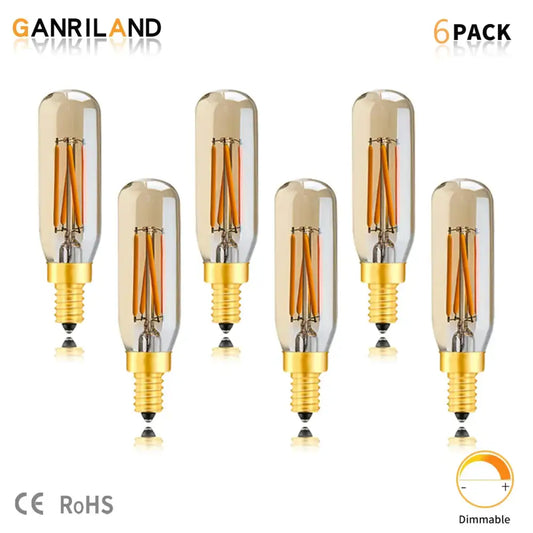 Set of six vintage gold candelabra tubular led bulbs with clear glass and 4w edison filament for dining room use