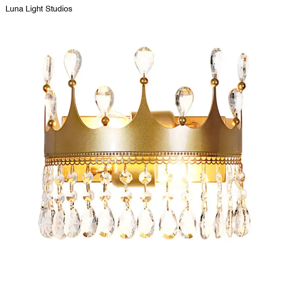 Vintage gold crown wall lamp sconce adorned with clear crystal teardrops and dangling beads for bedroom decor