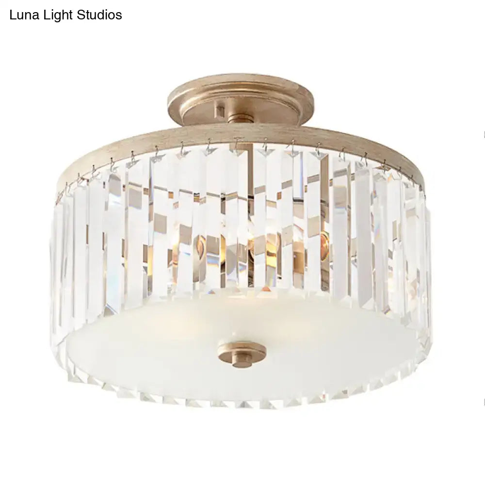 Decorbites™ vintage crystal block ceiling light with brushed gold frame and clear prisms 220v-240v semi flush mount