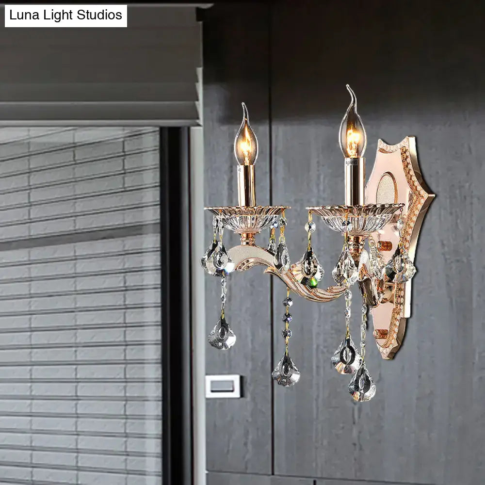 Vintage gold crystal sconce light fixture with two candle bulbs and faceted teardrop pendants direct wired electric