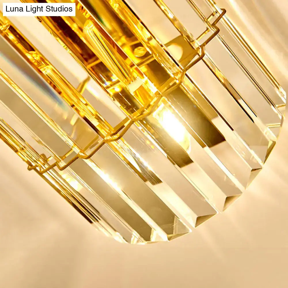 Vintage gold crystal sconce lighting wall mounted lamp with faceted cylindrical prisms and warm glow direct wired electric