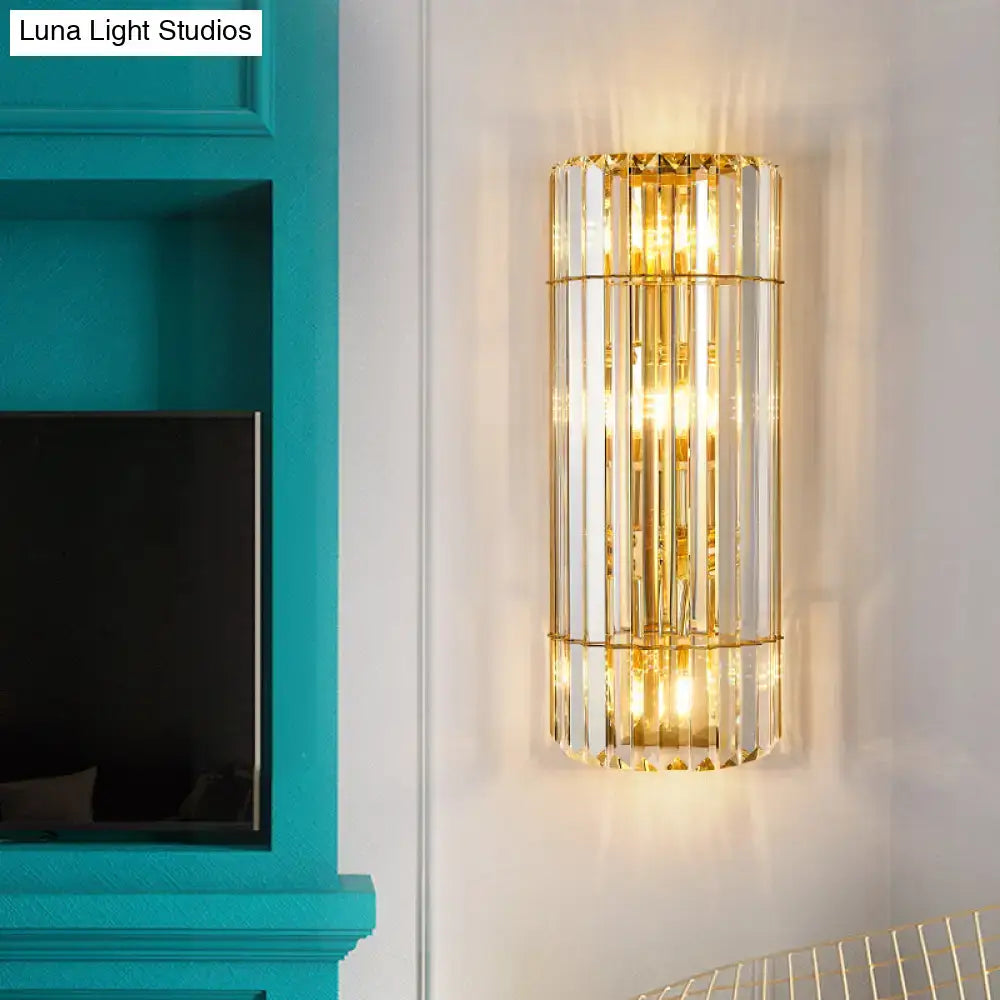 Vintage gold crystal sconce lighting with vertical crystal rods and warm glowing lights direct wired electric wall mounted lamp