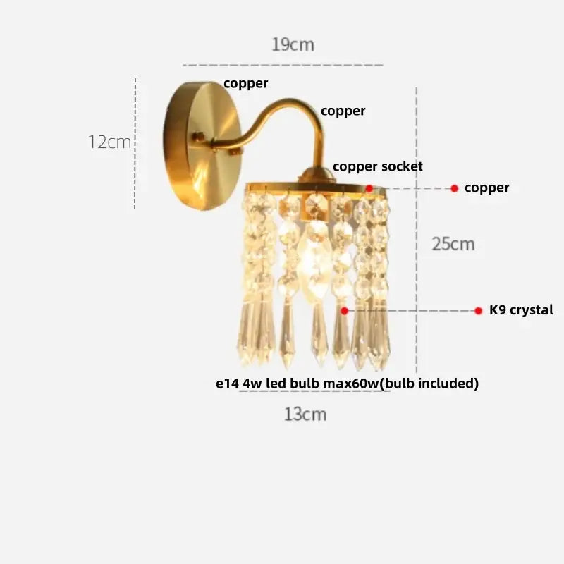 Gold-toned copper wall light vintage gold crystal decorbites crystal vintage with dangling k9 crystal droplets and pull chain switch