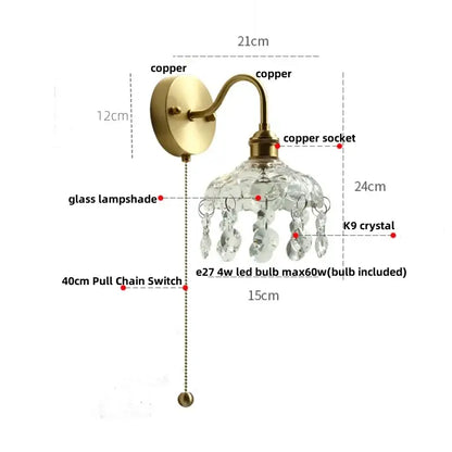 Antique brass-finished vintage gold crystal wall light sconce with clear glass shade and k9 crystals by decorbites crystal vintage