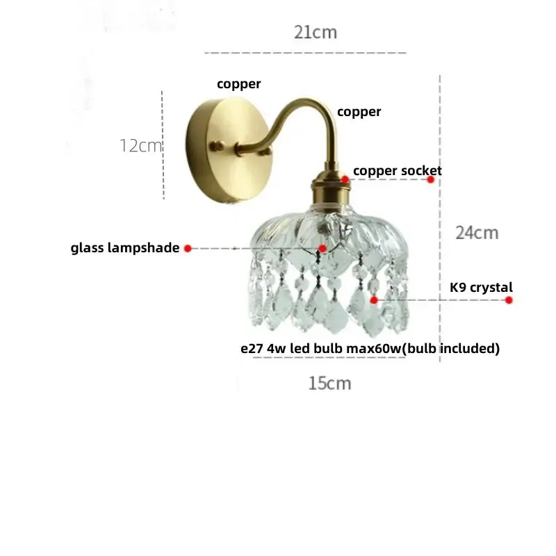 Brass-finished copper wall light with faceted glass lampshade and dangling k9 crystal droplets decorbites crystal vintage
