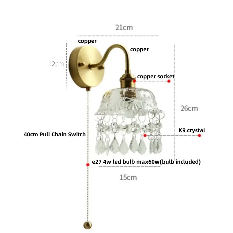 Vintage gold crystal wall light stair sconce in antique brass with clear k9 crystal shade and dangling teardrop crystals