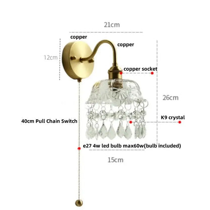 Vintage gold crystal wall light stair sconce in antique brass with clear k9 crystal shade and dangling teardrop crystals