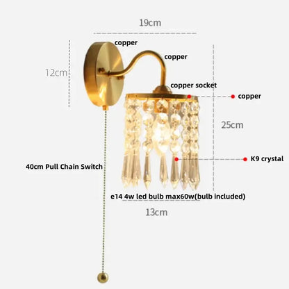 Brass-finished copper wall light with dangling k9 crystal vintage chandelier accents and 40cm pull chain switch