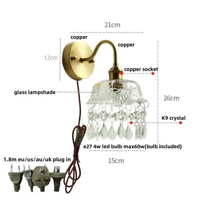 Vintage gold crystal wall light with brass copper finish and ornate glass shade featuring k9 crystal droplets decorbites crystal vintage