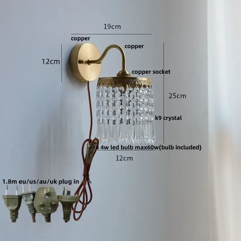 Vintage gold crystal wall light brass-finished copper sconce with cascading k9 crystal droplets and pull chain switch