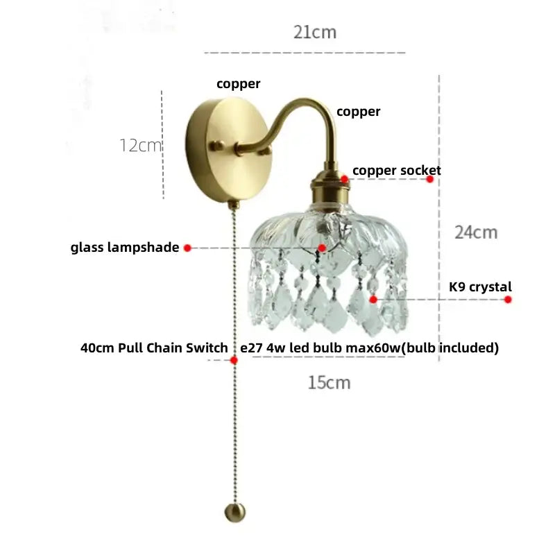 Antique brass wall light with clear glass lampshade and k9 crystal droplets vintage gold decorbites crystal vintage