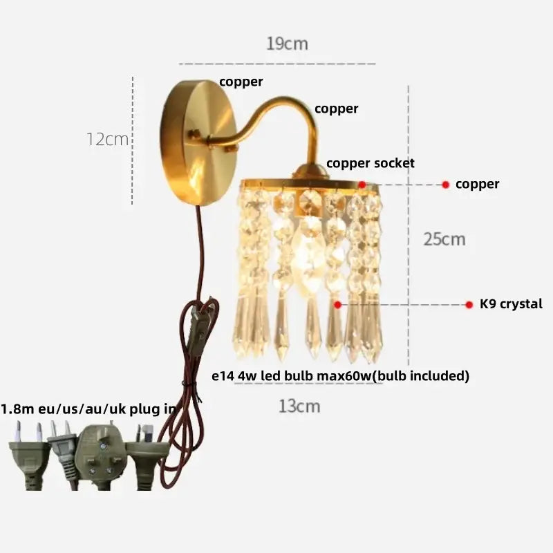 Vintage gold crystal wall light with brass-finished copper and dangling k9 crystal droplets decorbites crystal vintage