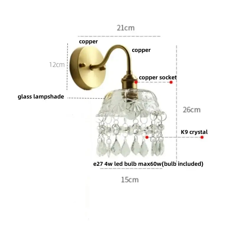 Vintage gold crystal wall light with brass copper finish and ornate glass shade featuring dangling k9 crystals decorbites crystal vintage